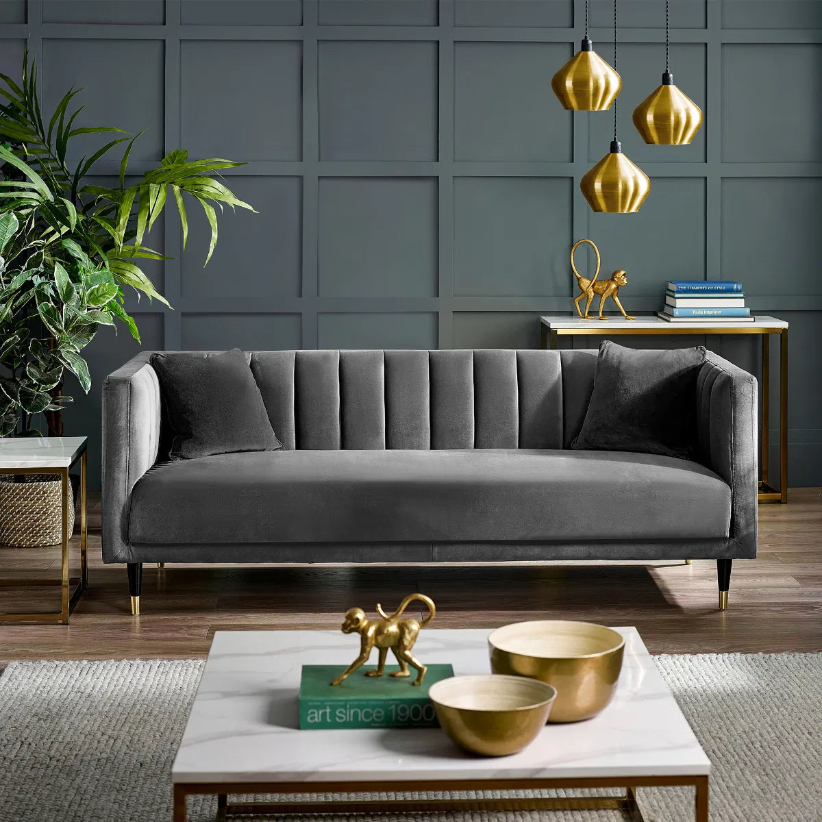 Gabor Grey Velvet Scalloped Back Sofa | 3 Seater